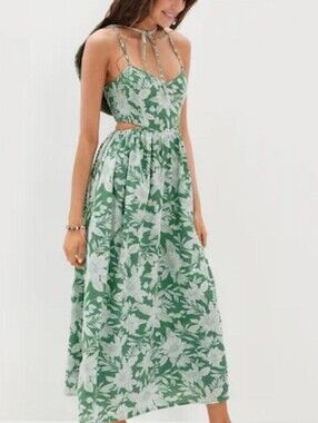 American Eagle Outfitters Green Floral Tie-Detail Maxi Dress